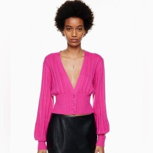 Wilfred Hot Pink Ribbed Cropped Cardigan Merino Wool Blend Small Barbiecore